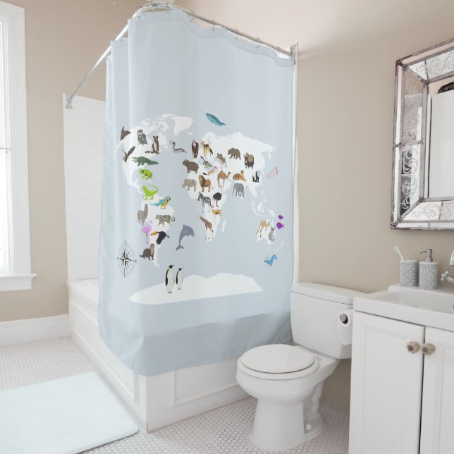 Kids World Map Animals Shower Curtain (In Situ)