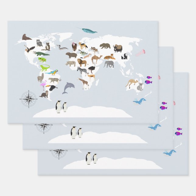 Kids World Map Animals Wrapping Paper Sheet (Set)