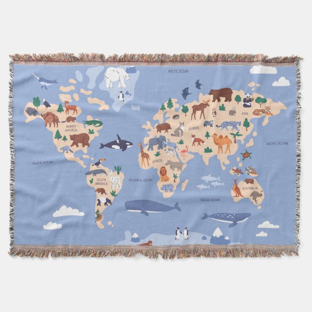 Kids World map Cute Whimsical Modern Throw Blanket (Front)