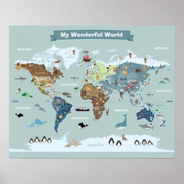 Kids World Map with Animals and Landmarks Poster (Front)