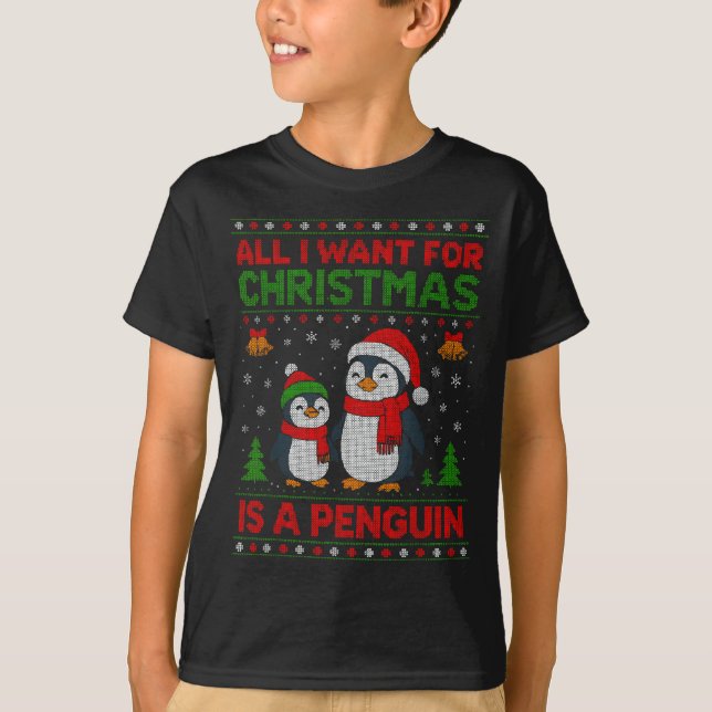 Kids Xmas Tee, All I Want For Christmas Is A Pengu T-Shirt (Front)