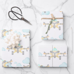 Kids Yellow Airplane Flying Aviation Birthday Wrapping Paper Sheet