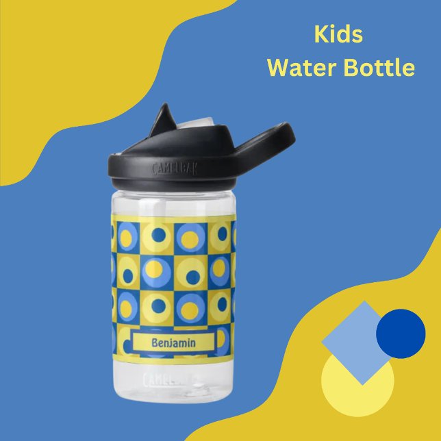 Kids Yellow Blue Personalised Dot Square Theme Water Bottle (Creator Uploaded)