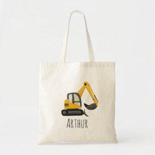 Kids Yellow Construction Digger and Name Boys Tote Bag