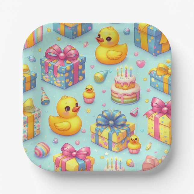 Kids Yellow Duck Birthday Party Paper Plates (Front)