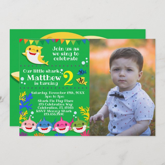 Kids Yellow Rainbow Shark Birthday Photo Invitation (Front/Back)