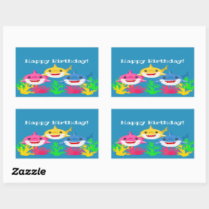 Kids Yellow Shark & Family Birthday Rectangular S Sticker