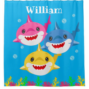 Kids Yellow Shark & Family Personalised  Shower Curtain