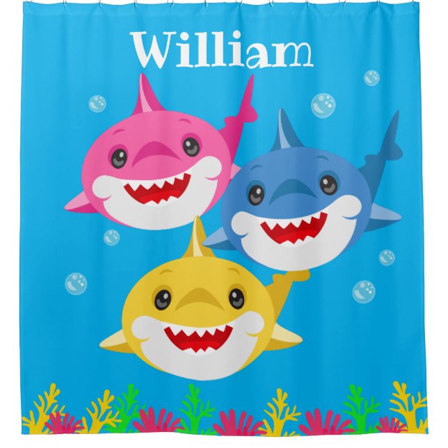 Kids Yellow Shark & Family Personalised  Shower Curtain (Front)