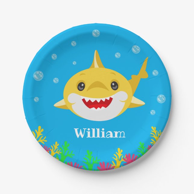 Kids Yellow Shark Personalised Birthday Paper Plate (Front)