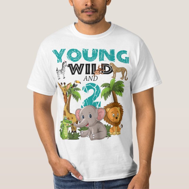Kids Young Wild And 2 - 2nd Birthday Safari Zoo An T-Shirt (Front)