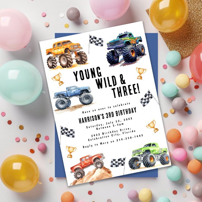 Kids Young Wild And Three Monster Trucks Invitation (Creator Uploaded)