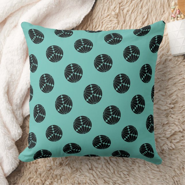 Kiku Chrysanthemum Mon Black Teal Oriental Art Cushion (Blanket)