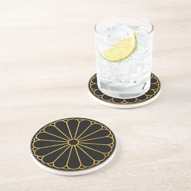 Kiku Chrysanthemum Mon faux gold black Coaster (Side)