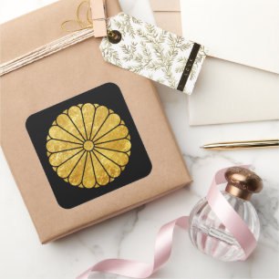 Kiku Chrysanthemum Mon faux gold on black Square Sticker