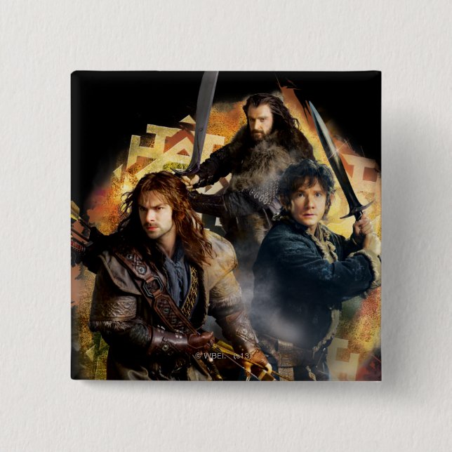 Kili, BILBO BAGGINS™, & THORIN OAKENSHIELD™ Art 15 Cm Square Badge (Front)
