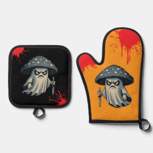 Killer Shroom-Spooky Ghost with Knife-blood splat Oven Mitt & Pot Holder Set