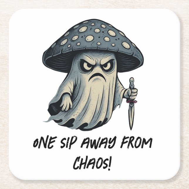 Killer 'Shroom – Spooky Ghost with Knife Square Paper Coaster (Front)