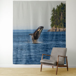 Killer Whale Breaching out of Ocean Water Tapestry