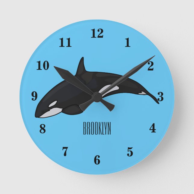Killer whale cartoon illustration round clock (Front)