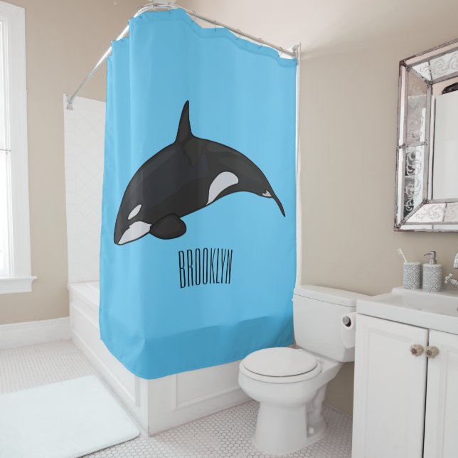 Killer whale cartoon illustration shower curtain (In Situ)