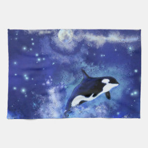 Killer Whale on Full Moon - Art Drawing - Blue Tea Towel