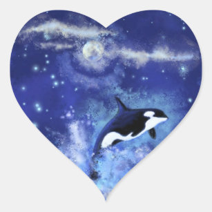 Killer Whale on Full Moon - Art Drawing Heart Sticker