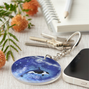 Killer Whale on Full Moon Keychain - Painting