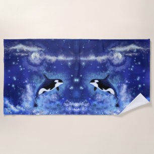Killer Whale on Full Moon - Mirror - Drawing Beach Towel