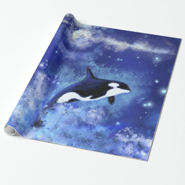 Killer Whale on Full Moon Wrapping Paper Painting (Unrolled)