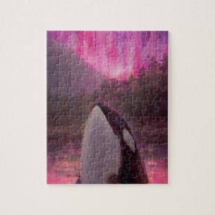 Killer Whale Orca and Pink/Magenta Northern Lights Jigsaw Puzzle