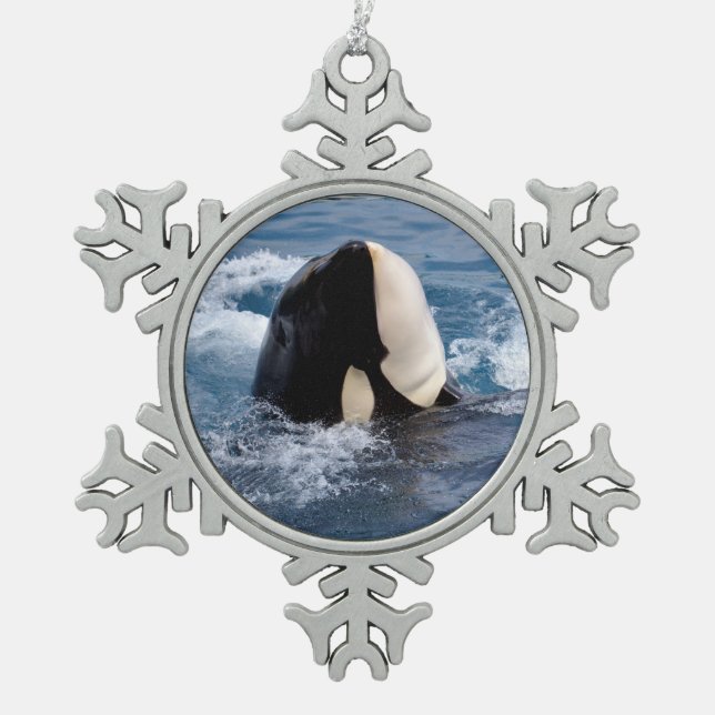 Killer whale swimming snowflake pewter christmas ornament (Front)