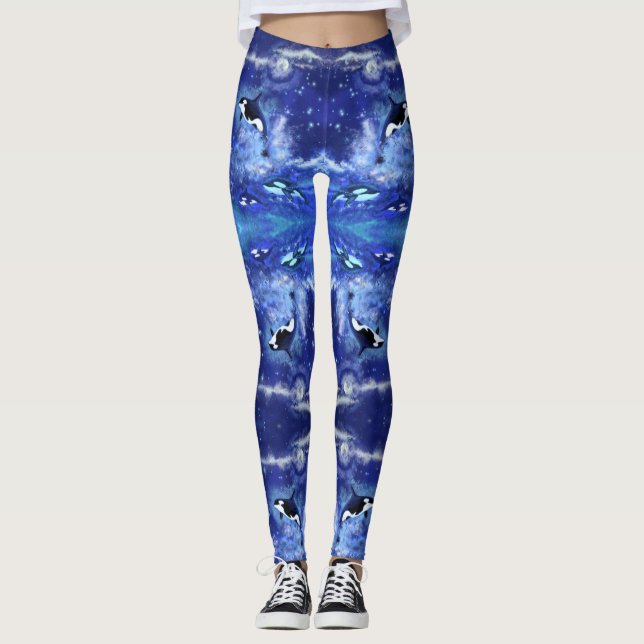 Killer Whales Blue Full Moon Mirror Leggings (Front)