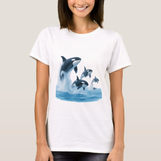 Killer Whales Breaching from Light Blue Ocean T-Shirt