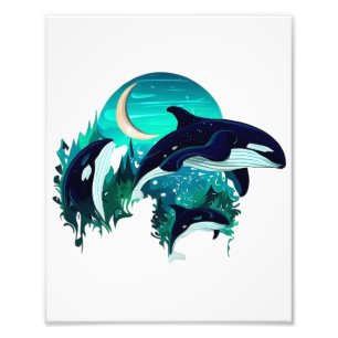 Killer Whales Cool Blue Nature Illustration Photo Print