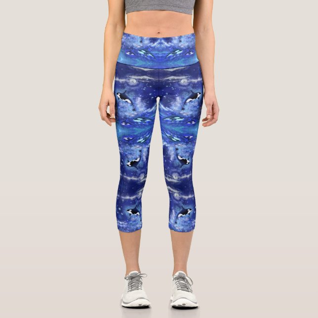 Killer Whales on Blue Full Moon Capri Leggings (Front)