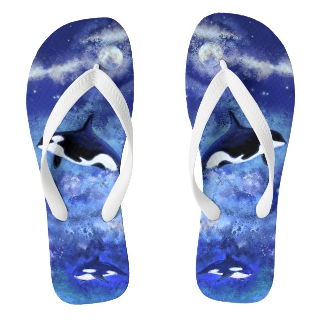 Killer Whales on Blue Full Moon Flip Flops (Footbed)