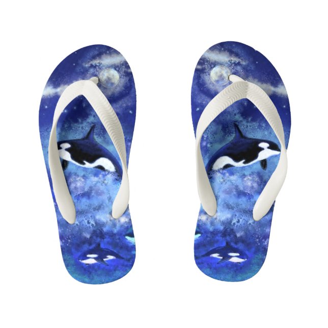 Killer Whales on Blue Full Moon Kid's Thongs (Footbed)