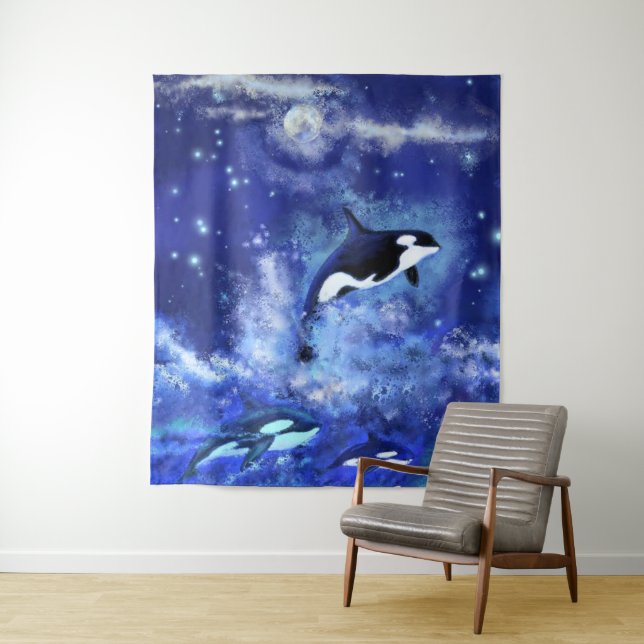 Killer Whales on Blue Full Moon Tapestry Painting (In Situ)