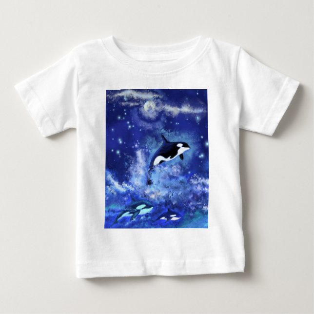 Killer Whales on Full Moon - Art Drawing Baby T-Shirt (Front)