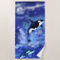 Killer Whales on Full Moon - Art Drawing -