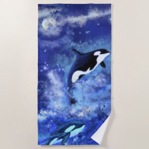 Killer Whales on Full Moon - Art Drawing - Beach Towel
