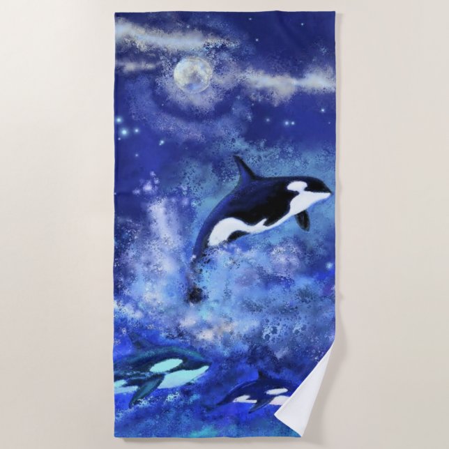 Killer Whales on Full Moon - Art Drawing Beach Towel (Front)