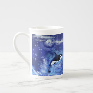 Killer Whales on Full Moon - Art Drawing - Blue Bone China Mug