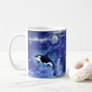 Killer Whales on Full Moon - Art Drawing - Blue Coffee Mug