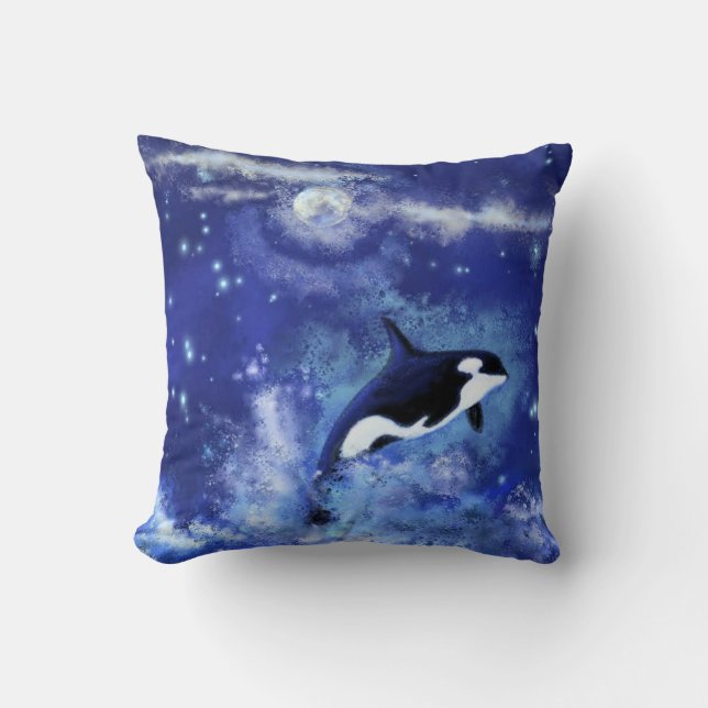 Killer Whales on Full Moon - Art Drawing - Blue Cushion (Front)