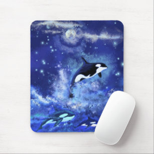 Killer Whales on Full Moon - Art Drawing - Blue Mouse Pad