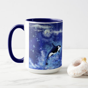 Killer Whales on Full Moon - Art Drawing Blue Mug