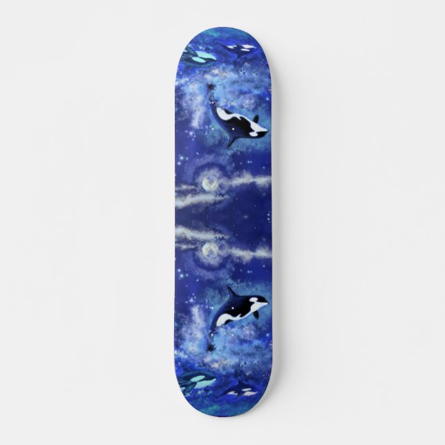 Killer Whales on Full Moon - Art Drawing Blue Skateboard (Front)