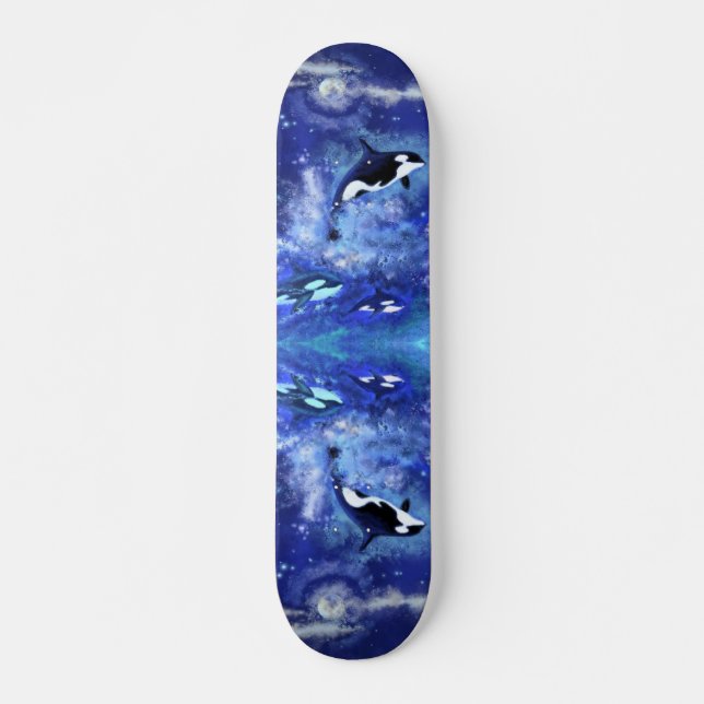 Killer Whales on Full Moon - Art Drawing - Blue Skateboard (Front)